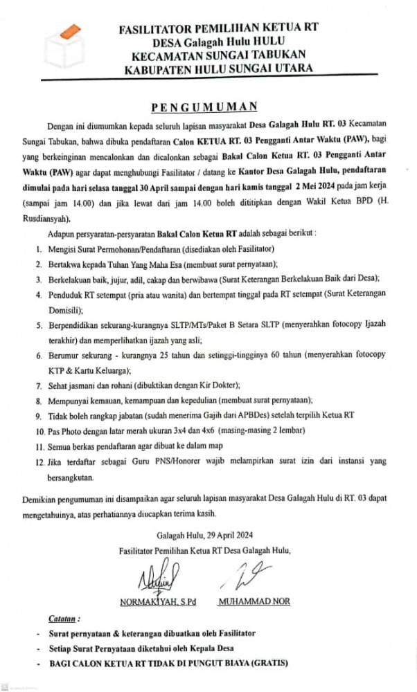 Pengumuman Pemilihan Ketua RT 03 DESA GALAGAH HLU